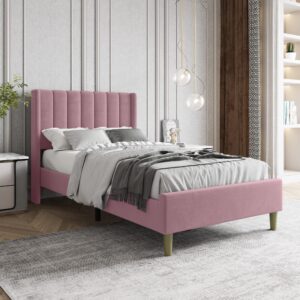 zoophyter upholstered platform bed frame twin size with headboard,mattress foundation/strong wooden slats support/no box spring needed/easy assembly pink