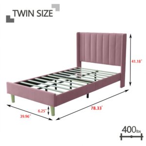 Zoophyter Upholstered Platform Bed Frame Twin Size with Headboard,Mattress Foundation/Strong Wooden Slats Support/No Box Spring Needed/Easy Assembly Pink