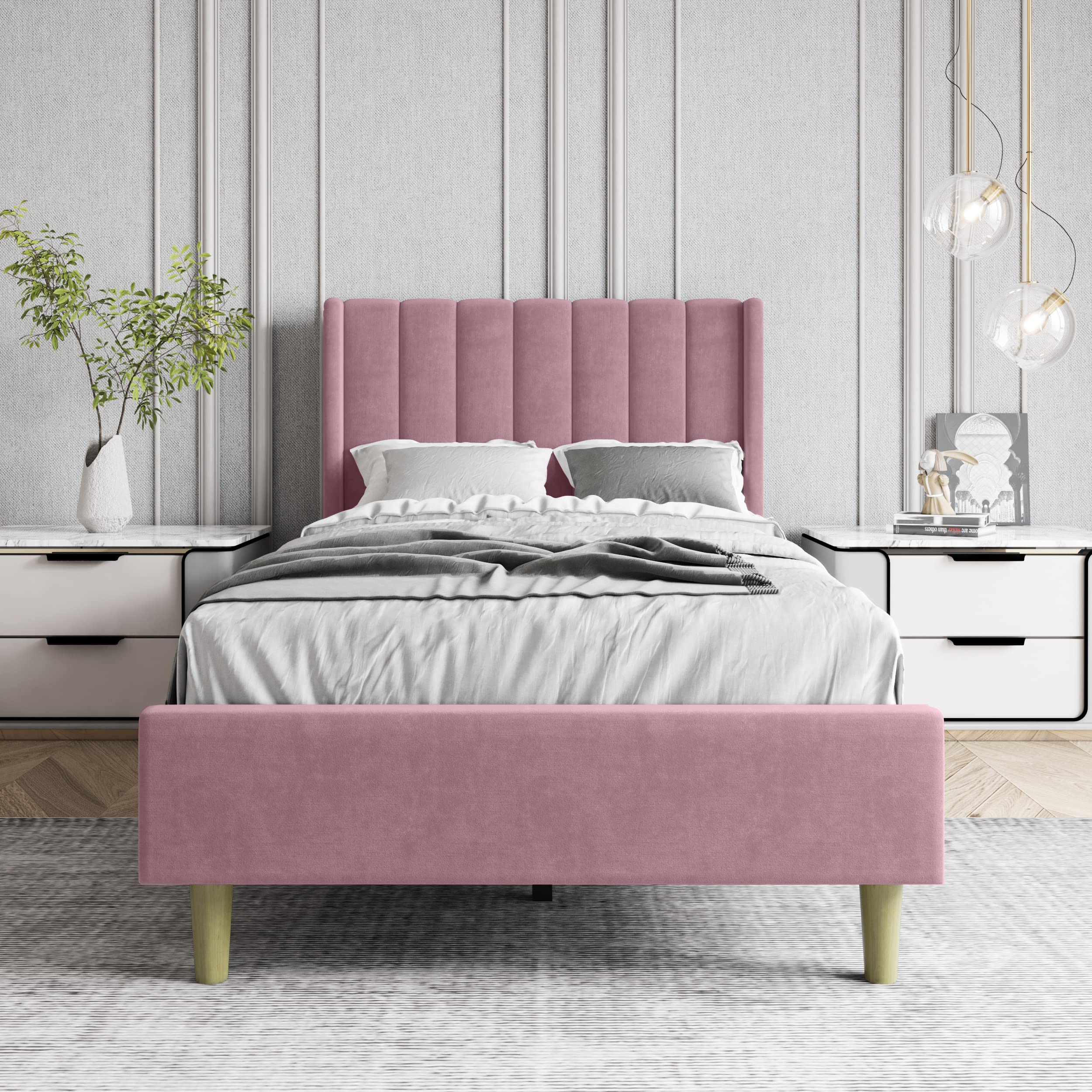 Zoophyter Upholstered Platform Bed Frame Twin Size with Headboard,Mattress Foundation/Strong Wooden Slats Support/No Box Spring Needed/Easy Assembly Pink