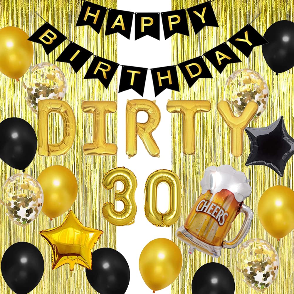 Geloar 23PCS Dirty 30 Birthday Decorations for Him, Dirty 30 Balloons Banner Black and Gold Birthday Dirty Thirty Decorations for Him 30th Birthday Party Supplies for Men Cheers & Beers to 30 Years