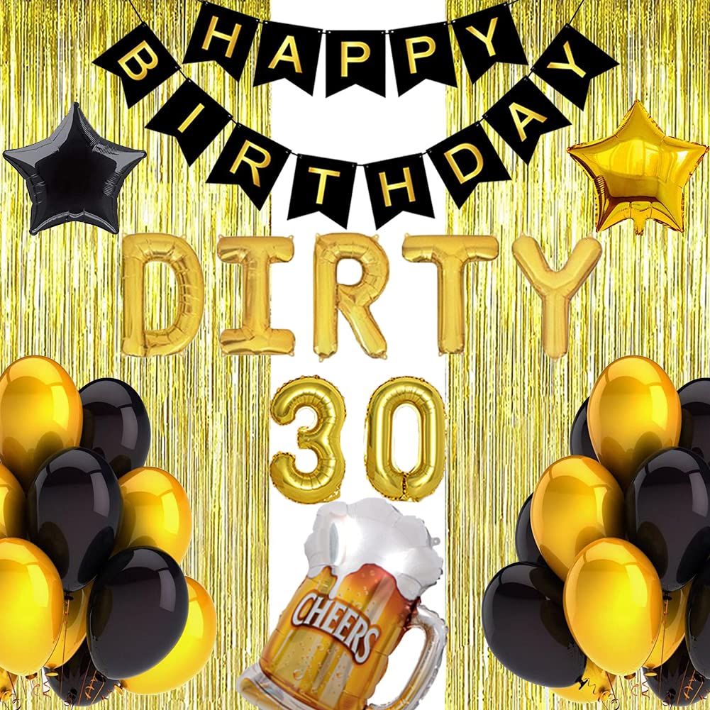 Geloar 23PCS Dirty 30 Birthday Decorations for Him, Dirty 30 Balloons Banner Black and Gold Birthday Dirty Thirty Decorations for Him 30th Birthday Party Supplies for Men Cheers & Beers to 30 Years