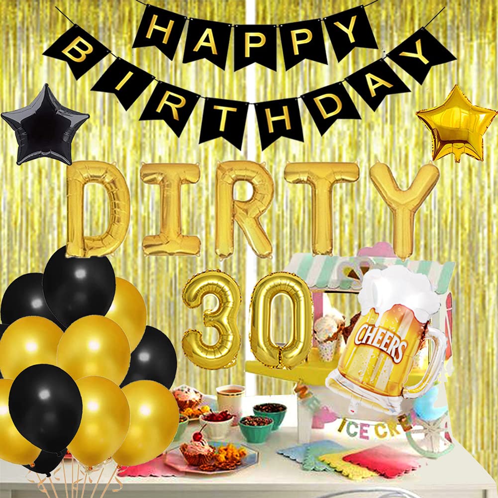 Geloar 23PCS Dirty 30 Birthday Decorations for Him, Dirty 30 Balloons Banner Black and Gold Birthday Dirty Thirty Decorations for Him 30th Birthday Party Supplies for Men Cheers & Beers to 30 Years