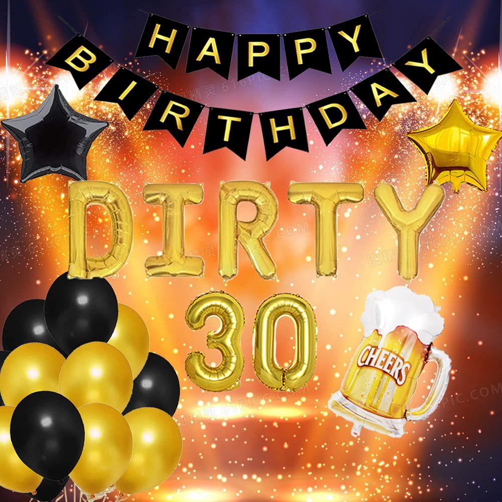 Geloar 23PCS Dirty 30 Birthday Decorations for Him, Dirty 30 Balloons Banner Black and Gold Birthday Dirty Thirty Decorations for Him 30th Birthday Party Supplies for Men Cheers & Beers to 30 Years