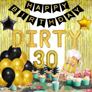 Geloar 23PCS Dirty 30 Birthday Decorations for Him, Dirty 30 Balloons Banner Black and Gold Birthday Dirty Thirty Decorations for Him 30th Birthday Party Supplies for Men Cheers & Beers to 30 Years