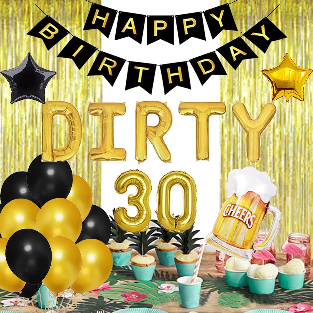 Geloar 23PCS Dirty 30 Birthday Decorations for Him, Dirty 30 Balloons Banner Black and Gold Birthday Dirty Thirty Decorations for Him 30th Birthday Party Supplies for Men Cheers & Beers to 30 Years