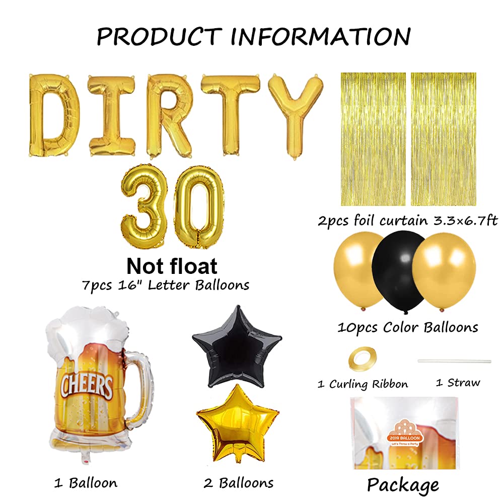 Geloar 23PCS Dirty 30 Birthday Decorations for Him, Dirty 30 Balloons Banner Black and Gold Birthday Dirty Thirty Decorations for Him 30th Birthday Party Supplies for Men Cheers & Beers to 30 Years