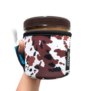 lit handlers ice cream cooler sleeve - neoprene pint holder with handle and pocket - tear resistant cooler - machine washable & leak proof cup cover for frozen desserts(cowhide w/turquoise leather)