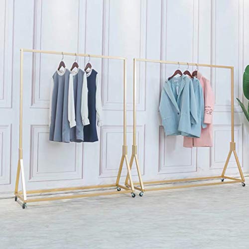 FURVOKIA Modern Simple Heavy Duty Metal Rolling Garment Rack with Wheel,Retail Display Clothing Rack, Single Rod Floor-Standing Hangers Clothes Shelves (Gold Square Tube A, 39 L)