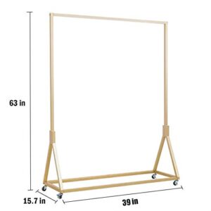 FURVOKIA Modern Simple Heavy Duty Metal Rolling Garment Rack with Wheel,Retail Display Clothing Rack, Single Rod Floor-Standing Hangers Clothes Shelves (Gold Square Tube A, 39 L)