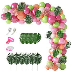 117pcs tropical balloons arch garland kit, hot pink green rose gold confetti balloons palm leaves & 5tools for tropical hawaii aloha luau flamingo theme birthday party baby shower wedding decorations