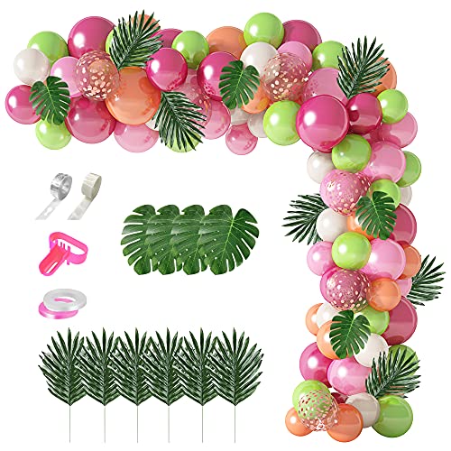 117Pcs Tropical Balloons Arch Garland Kit, Hot Pink Green Rose Gold Confetti Balloons Palm Leaves & 5Tools for Tropical Hawaii Aloha Luau Flamingo Theme Birthday Party Baby Shower Wedding Decorations