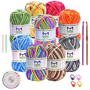 mira handcrafts multicolored crochet yarn for knitting and crocheting | 9 variegated yarn skeins (50g each) | total 984 yards bulk yarn with crochet kit– ideal beginners kit | assorted colors set