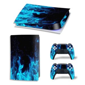 full body vinyl skin for ps5 digital version, ps5 console and controllers skin sticker decal cover - blue flame