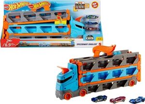 hot wheels speedway hauler storage carrier with 3 1:64 scale cars & convertible 6-foot drag race track for kids 4 to 8 years old, stores 20+ cars, hgh33
