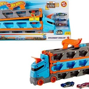 Hot Wheels Speedway Hauler Storage Carrier with 3 1:64 Scale Cars & Convertible 6-Foot Drag Race Track for Kids 4 to 8 Years Old, Stores 20+ Cars, HGH33