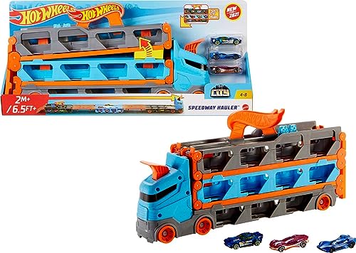 Hot Wheels Speedway Hauler Storage Carrier with 3 1:64 Scale Cars & Convertible 6-Foot Drag Race Track for Kids 4 to 8 Years Old, Stores 20+ Cars, HGH33