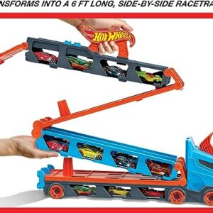 Hot Wheels Speedway Hauler Storage Carrier with 3 1:64 Scale Cars & Convertible 6-Foot Drag Race Track for Kids 4 to 8 Years Old, Stores 20+ Cars, HGH33