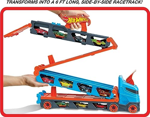 Hot Wheels Speedway Hauler Storage Carrier with 3 1:64 Scale Cars & Convertible 6-Foot Drag Race Track for Kids 4 to 8 Years Old, Stores 20+ Cars, HGH33