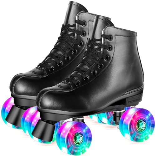 Perzcare Roller Skate Shoes for Women&Men Classic PU Leather High-top Double-Row Roller Skates for Beginner, Professional Indoor Outdoor Four-Wheel Shiny Roller Skates for Girls Unisex