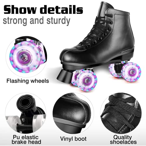 Perzcare Roller Skate Shoes for Women&Men Classic PU Leather High-top Double-Row Roller Skates for Beginner, Professional Indoor Outdoor Four-Wheel Shiny Roller Skates for Girls Unisex