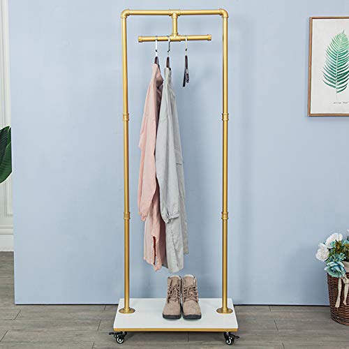 FURVOKIA Industrial Pipe and Wood Rolling Clothes Retail Heavy Duty Garment Racks,Metal Clothing Store Hanger Storage Shelves,Floor-Standing Display Rack,Decor Pipeline Shelf (Gold)