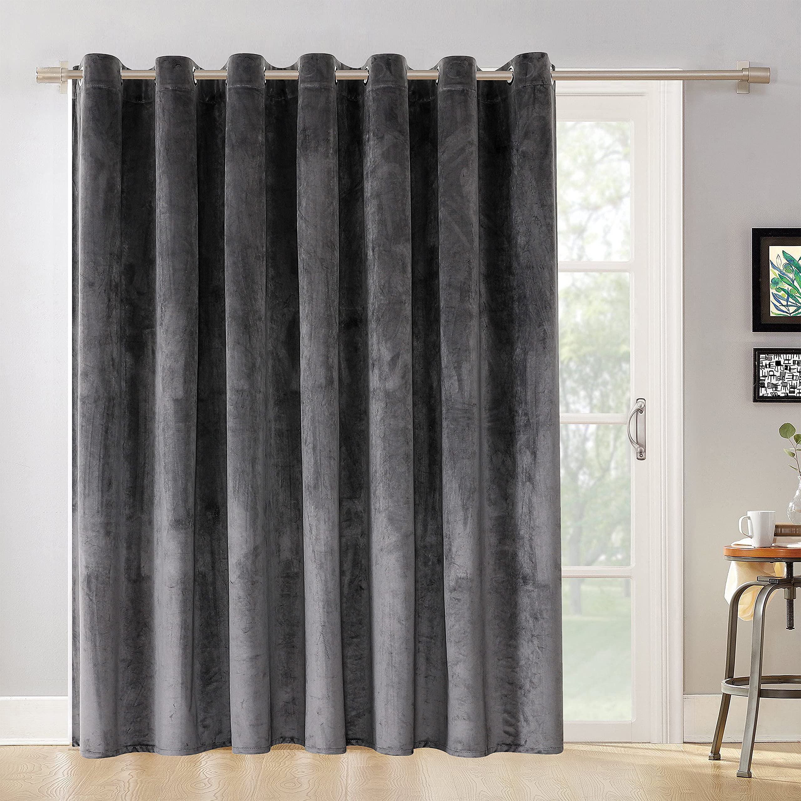 Victree Room Divider Curtain for Bedroom, Wide Velvet Curtains for Sliding Glass Door, Grommet Screens Privacy Curtain Panel for Living Room, 1 Panel, 9ft Wide x 7ft Tall, Dark Grey