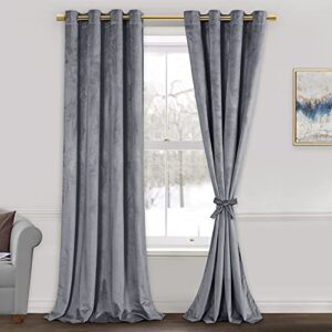 JIUZHEN Grey Velvet Curtains 96 inches for Living Room - Thermal Insualted Room Darkening Grommet Thick Velvet Window Drapes for Bedroom/Dining, Set of 2 with Tiebacks, W52 x L96