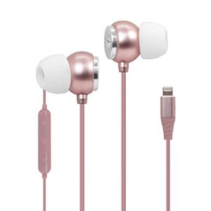 realm lightning earbuds apple mfi certified headphones, in-ear headphones with lightning connector, built-in microphone, hands-free calling and track controls, rose gold, pink, rlma12rg