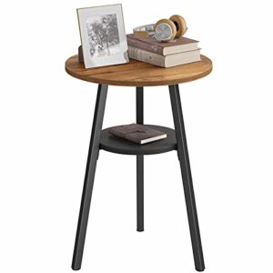 cubicubi round end table, side table with wooden shelves, 2-tier rustic vintage table for living room bedroom, metal frames and wooden boards, fir brown
