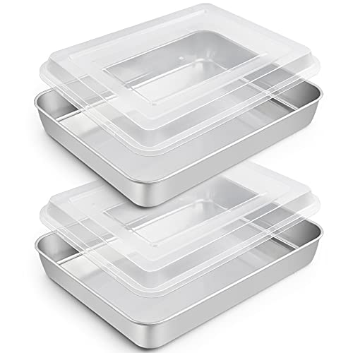 TeamFar Rectangular Cake Pans with Lids, 10.5’’ x 8’’ x 2’’ Stainless Steel Lasagna Brownie Pan For Baking Roasting, Healthy & Durable, Brushed Surface & Dishwasher Safe, (2 Pans+2 Lids)