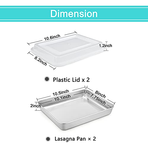 TeamFar Rectangular Cake Pans with Lids, 10.5’’ x 8’’ x 2’’ Stainless Steel Lasagna Brownie Pan For Baking Roasting, Healthy & Durable, Brushed Surface & Dishwasher Safe, (2 Pans+2 Lids)