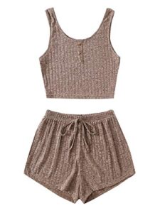 soly hux women's button front ribbed knit tank top and shorts pajama set sleepwear lounge sets mocha brown s