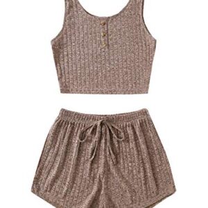 SOLY HUX Women's Button Front Ribbed Knit Tank Top and Shorts Pajama Set Sleepwear Lounge Sets Mocha Brown S