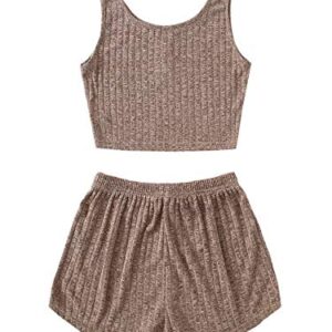 SOLY HUX Women's Button Front Ribbed Knit Tank Top and Shorts Pajama Set Sleepwear Lounge Sets Mocha Brown S