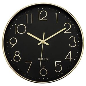 foxtop 12 inch gold wall clock silent non-ticking battery operated round wall clock modern simple style for office school living room home kitchen bedroom decor