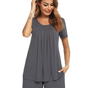 Roojaa Womens Pajama Set Pleated Loose Short Sleeve Pjs Soft Summer Casual Sleepwear Dark Grey