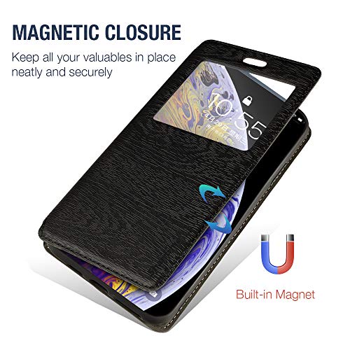 Shantime Infinix Note 10 Pro Case, Wood Grain Leather Case with Card Holder and Window, Magnetic Flip Cover for Infinix Note 10 Plus Black