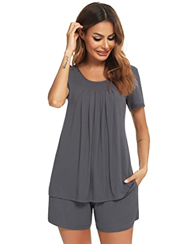 Roojaa Womens Pajama Set Pleated Loose Short Sleeve Pjs Soft Summer Casual Sleepwear Dark Grey