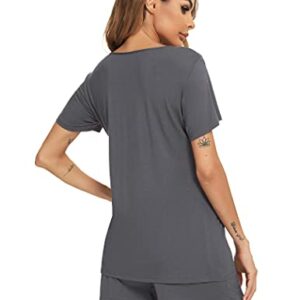 Roojaa Womens Pajama Set Pleated Loose Short Sleeve Pjs Soft Summer Casual Sleepwear Dark Grey