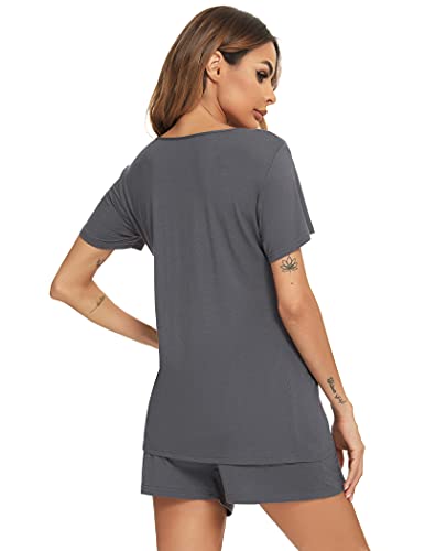 Roojaa Womens Pajama Set Pleated Loose Short Sleeve Pjs Soft Summer Casual Sleepwear Dark Grey