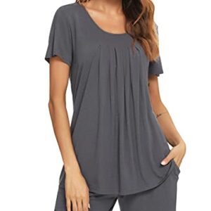 Roojaa Womens Pajama Set Pleated Loose Short Sleeve Pjs Soft Summer Casual Sleepwear Dark Grey