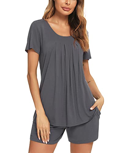 Roojaa Womens Pajama Set Pleated Loose Short Sleeve Pjs Soft Summer Casual Sleepwear Dark Grey