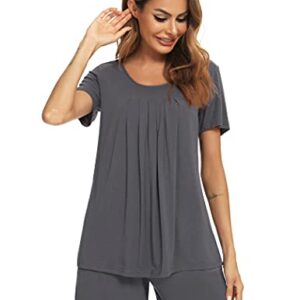 Roojaa Womens Pajama Set Pleated Loose Short Sleeve Pjs Soft Summer Casual Sleepwear Dark Grey