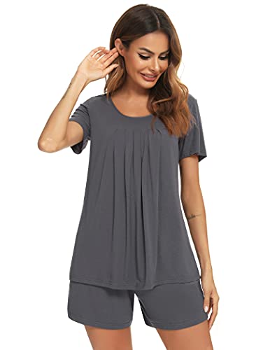 Roojaa Womens Pajama Set Pleated Loose Short Sleeve Pjs Soft Summer Casual Sleepwear Dark Grey