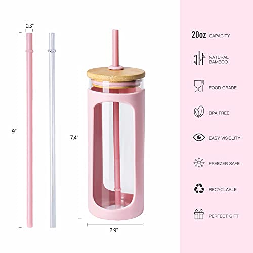 Kodrine 20oz Glass Water Tumble with Straw and Lid,Bamboo Lids Water Bottle, Iced Coffee Cup Reusable, Wide Mouth Smoothie Cups, Straw Silicone Protective Sleeve BPA FREE-Pink