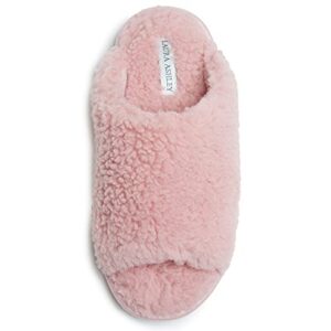 laura ashley women's sherpa open toe scuff slippers with memory foam, soft plush house slippers for ladies