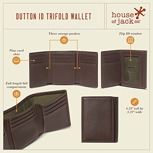 HoJ Co. Dutton Extra Capacity Trifold Wallet with Flip Out ID| 9 Card Slots & 3 Pockets | Full Grain Nappa Leather | Brown Tri fold Wallet