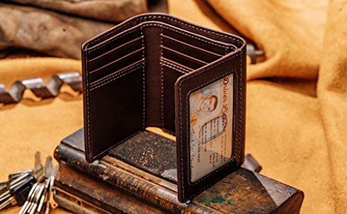 HoJ Co. Dutton Extra Capacity Trifold Wallet with Flip Out ID| 9 Card Slots & 3 Pockets | Full Grain Nappa Leather | Brown Tri fold Wallet