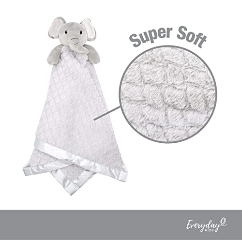 EVERYDAY KIDS Large Lovey Baby Security Blanket for Boys and Girls Sweet Elephant Stuffed Animal on 30” Gender Neutral Gray Snuggle Baby Blanket; Fluffy Fleece with Attached Plush Toy to Cuddle