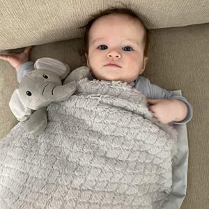 EVERYDAY KIDS Large Lovey Baby Security Blanket for Boys and Girls Sweet Elephant Stuffed Animal on 30” Gender Neutral Gray Snuggle Baby Blanket; Fluffy Fleece with Attached Plush Toy to Cuddle